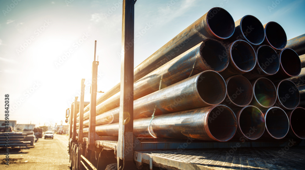 Stack Pipe Material Loading Stacked steel pipes loaded on a flatbed truck for industrial ...