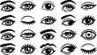 © OKAN - Line art eye icon set with twenty stylized eye shapes in flat vector style arranged in a four by five grid showing open closed winking expressions