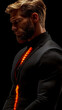 © sommersby - Brooding profile portrait of stylish businessman in dark suit, revealing glowing internal fiery spine or pulsating orange core against black background.