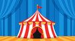 © PDWN Creative - Vector illustration of a classic red and white striped circus tent under a blue curtain backdrop on a wooden stage