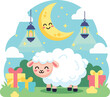 © Mst Salma Khatun - Cute sheep standing under smiling moon with gifts and lanterns