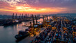 © jbstocks - Large cargo ships and cranes in a bustling container port during sunset from an aerial perspective, Generative AI illustrations.