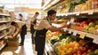 © fotogurme - Young adult man grocery worker stocking fresh produce aisle, retail operations and inventory management, bright market mood for healthy eating and Earth Day