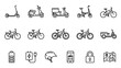 © SadatSharif - Minimalist Vector Line Icon Set for Electric Mobility and Urban Transportation Featuring E-Scooters, Electric Bikes, Delivery Mopeds, Battery, Charger, Helmet, Mobile App, Lock, and Map Icons