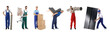 © New Africa - Mover service workers with different household items and boxes. Collage of men on white background
