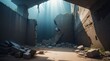 © camo maybe - Abandoned concrete ruin with dramatic sunlight rays, cinematic post apocalyptic interior