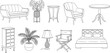 © Mdmostakim - Modern interior furniture line art illustration set, sofa chair table bed lamp plant drawer minimal outline home decor design collection