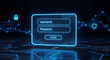 © THIBNH - Modern neon blue digital login interface dashboard featuring secure username and password entry fields on a dark abstract background representing high-speed network connectivity and security.