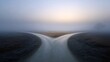 © Kundy - divergence. A conceptual image of a single path dividing into two roads in a misty landscape, symbolizing life choices and uncertainty. wellbeing guides.