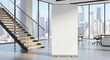 © THIBNH - Professional blank vertical rollup banner mockup exhibition stand placed inside contemporary corporate office interior featuring panoramic windows with urban city skyline view background.