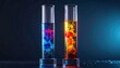 © MUNTASIR - Vibrant chemical reactions in laboratory test tubes showcasing colorful liquid dynamics and scientific experimentation with contrasting blue and orange solutions