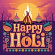 © Pixel Perfect - Colorful Happy Holi festival poster with bonfire, pots, and decorative typography.