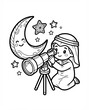 © RACHADA STORY - authentic human lifestyle concept Cute Muslim boy looking at crescent moon with a telescope. Ramadan Kareem coloring page for kids. Islamic cartoon vector illustration. modern commercial stock usage