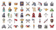 © akmal - A comprehensive collection of colorful fantasy and medieval-themed icons, featuring characters, weapons, magical items, and structures.