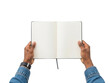 © Poly - Hands holding open notebook isolated on transparent background