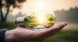 © Ans Creative - Hand holding a light bulb housing a miniature sustainable ecosystem, featuring solar panels, wind turbines, a flowing stream, and a green tree in a bright, hopeful environment.
