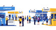 © Budi Studio - Business exhibition with multiple company booths and attendees interacting at a trade show event.