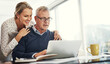 © JamPacked/peopleimages.com - Hug, laptop and mature couple in home office for budget, finance or investment planning. Computer, savings or wealth management with people together in apartment for financial or insurance discussion