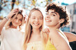 © halayalex - Three young beautiful smiling hipster female in trendy summer stylish clothes. Sexy carefree women posing in the street. Positive models having fun, hugging and going crazy, in sunny day