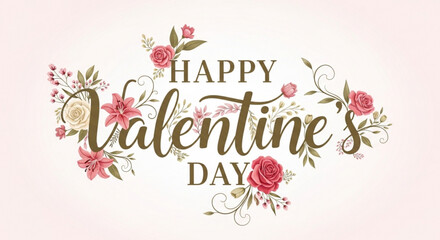  Happy Valentines Day floral lettering with roses and lilies romantic celebration design for greeting cards and invitations isolated on 