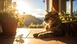 © Kurma - Cat relaxes on sunlit patio, looking towards mountains. Sunlight streams in from the side