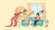 © kartu - Woman reads book on sofa with dog beside a large floral hat