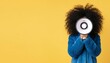 © Andrew505 - Vibrant voice of an activist: Woman with curly afro hair amplifying a powerful message through a megaphone on yellow.