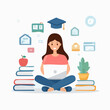 © gus - Smiling student embracing online learning from home, utilizing a laptop surrounded by digital and academic icons, symbolizing remote education and personal development
