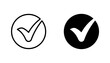 © Hemo - Check mark symbol in circle outline and filled black icons for success done approved and completed tasks business checklist graphic elements