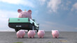© Westend61 - Four piggy banks and car outdoors symbolizing finance and stability