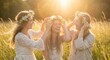 © PaperToPixel - Smiling friends placing handmade flower crowns on heads, bohemian summer festival and female bonding celebration.