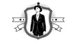 © Esther_Design - Stylish man in a suit and hat standing inside a shield emblem with ribbons and stars