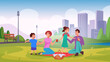 © ONYXprj - Family in park. Father and mother with kids walking and playing together in park exact vector loving family couple