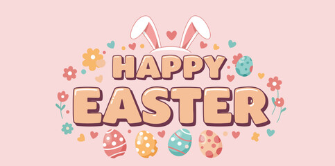 Naklejka na meble Happy easter greeting with colorful eggs and bunny ears on pink background