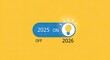 © qadri - 2025 ON 2026 OFF Switch with Lightbulb on Yellow Background.