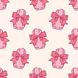 © miss LEMON - Girly seamless pattern with perfume bottle with decorative pink bow on beige background. Coquette backdrop. For fabric, wrapping paper and feminine themed designs.