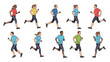 © Stock Image Paradise - Multiple people running together in various colored shirts and black shorts from a side viewpoint