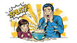 © MH24 - Father and daughter react with shock to breakfast cereal dramatically splashing out of a bowl