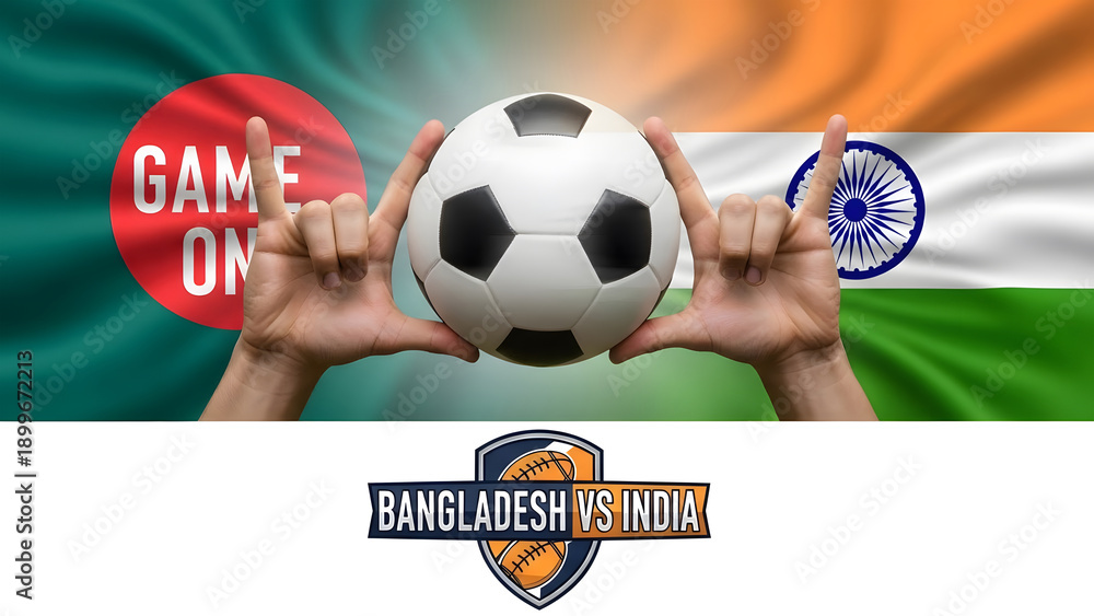 Exciting soccer match between bangladesh and india with game on logo and national flags