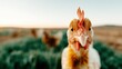 © Pinklife - A striking close-up of a curious chicken in warm morning light, showcasing its vibrant feathers and expressive eyes against a soft, blurred background of other chickens.