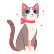 © hakule - A cat with gray and white fur sits upright with a pink bow around its neck. The cat has bright blue eyes and is surrounded by sparkles, suggesting a cheerful atmosphere.