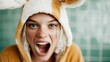 © Pinklife - A spirited young girl exuberantly expressing joy while wearing a fluffy animal costume, showcasing innocence and playfulness in a vibrant and lively indoor setting.