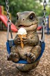 © Agung Prasetyo - baby T-rex sitting on a swing holding an ice cream cone
