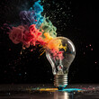 © Mazhar - Creative light bulb explodes with colorful dry paint, sparks and splashes on a black background