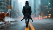 © Pinklife - A mysterious silhouette of a person dressed in dark clothes walking through a fog-filled urban street, creating a deep atmosphere of intrigue and solitude.