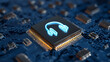 © Ramses - Close-up of a modern microchip featuring a glowing headphone icon, representing artificial intelligence audio processing, smart sound technology, digital signal processing