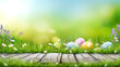 © Duncan Andison - Five painted easter eggs celebrating a Happy Easter on a spring day with a green grass meadow, bright sunlight spring coloured background with copy space and a wooden bench to display products.