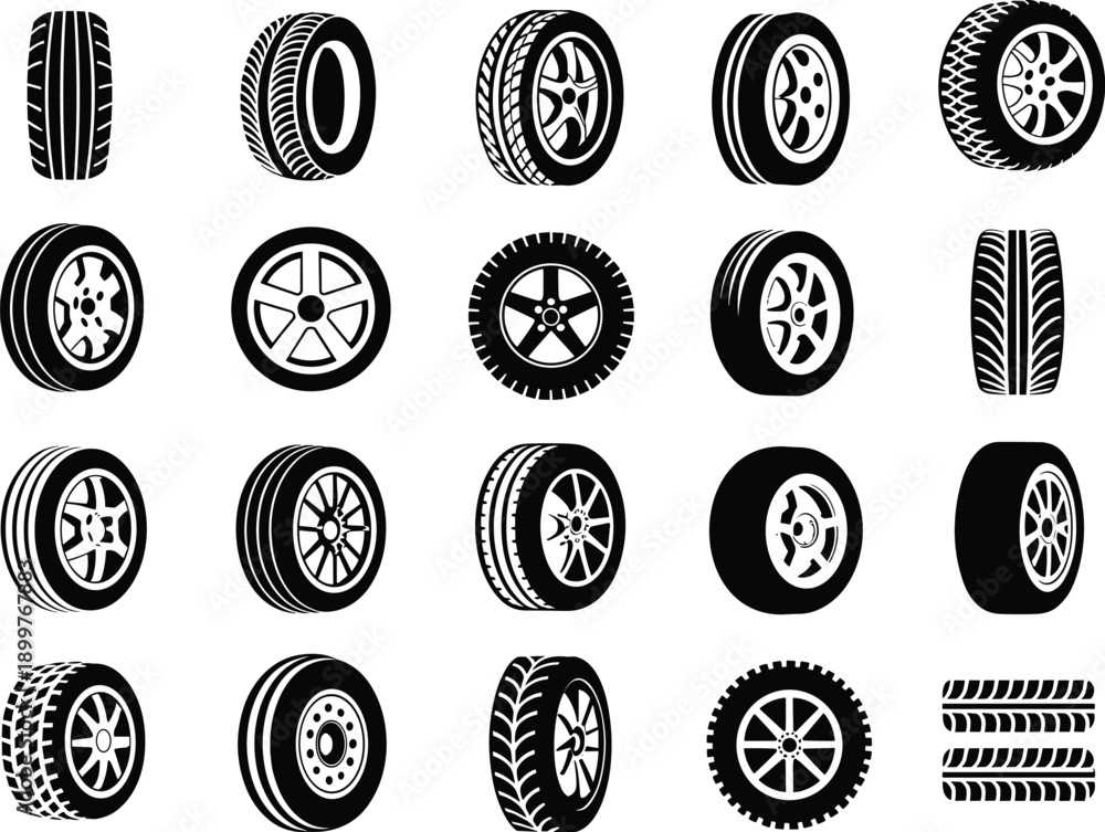 Car tires, wheel rims, tread patterns, automotive design, vehicle ...