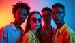 © miss irine - Group of young people wear glasses posing in studio. Bright neon lights cast colorful shadows. Diverse friends look at camera with confidence and style, projecting modern youth culture.