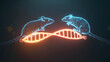 © liu - mutation. Two glowing mouse silhouettes connected by a DNA helix to their offspring, illustrating reproductive science. STEM education sheets.